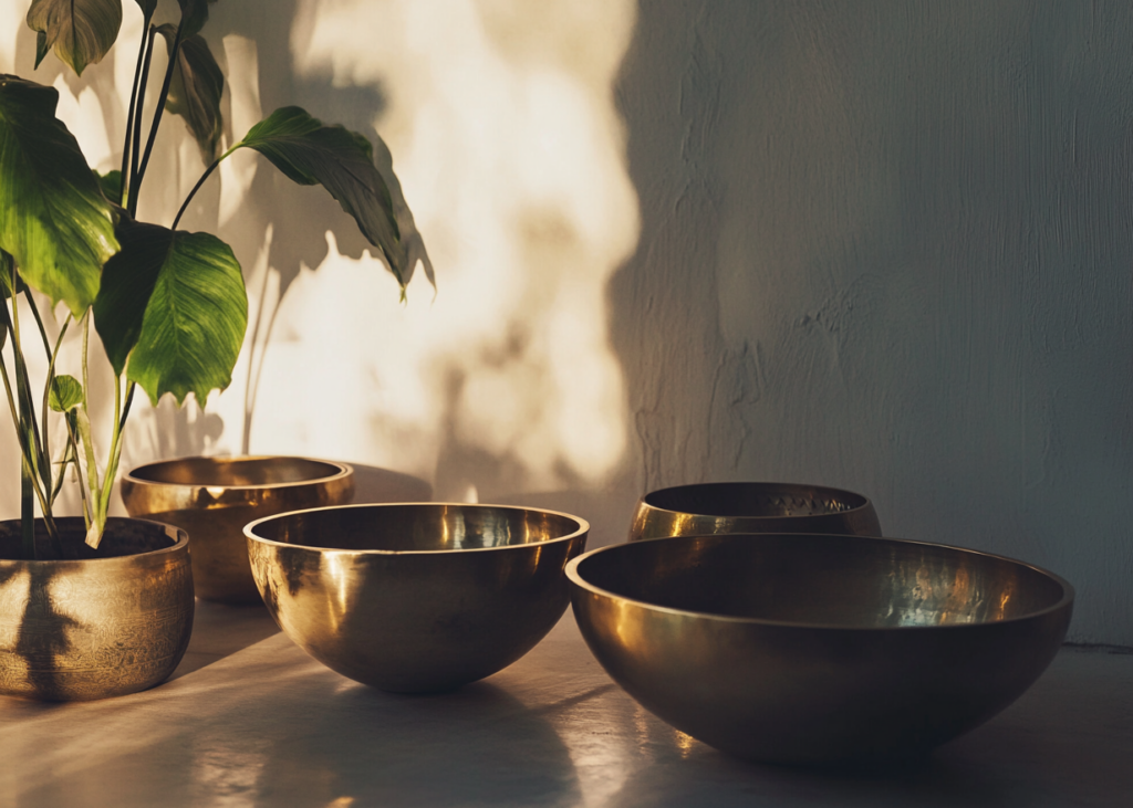 Metallene Klangschalen im warmen Licht für Klangmeditation.